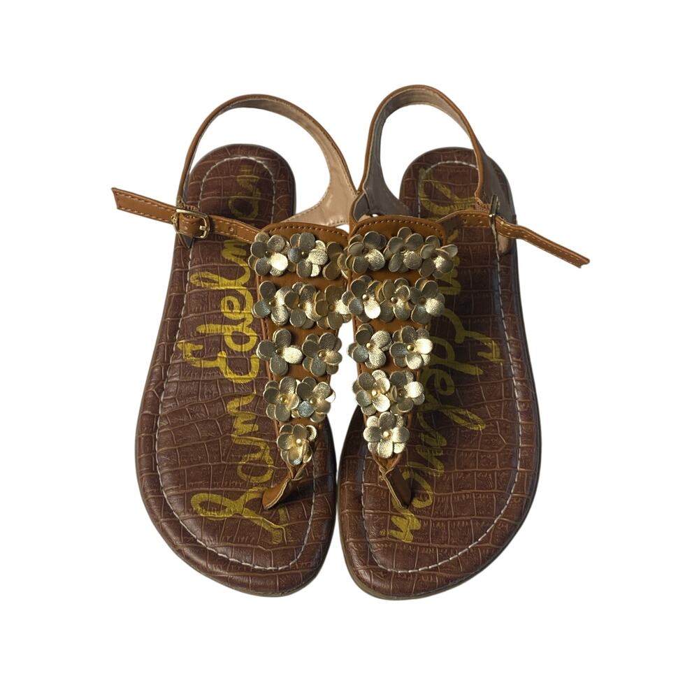 Sam Edelman Girls Brown Gigi Gold Metallic Flower Thong Sandals Size 3